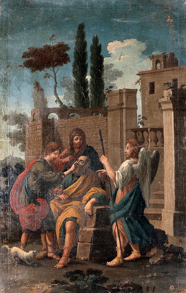 Tobias curing the blindness of Tobit, with Anna and Raphael. Oil painting after G. Zocchi.