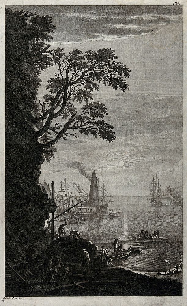 A harbour in the evening with men working in the foreground, while others are contemplating the sunset or swimming. Etching…