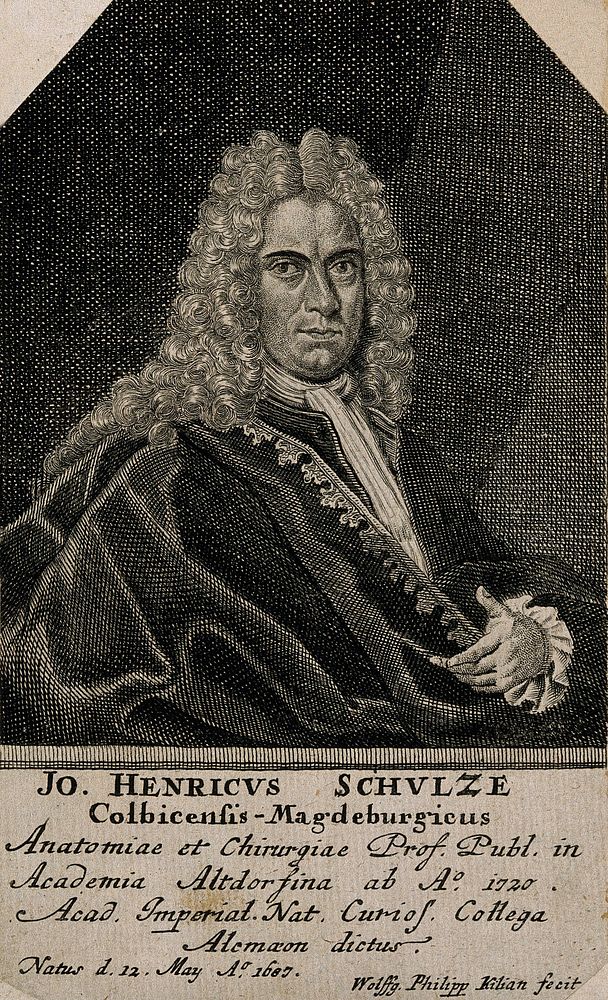 Johann Heinrich Schulze. Line engraving by W. P. Kilian, 1728.