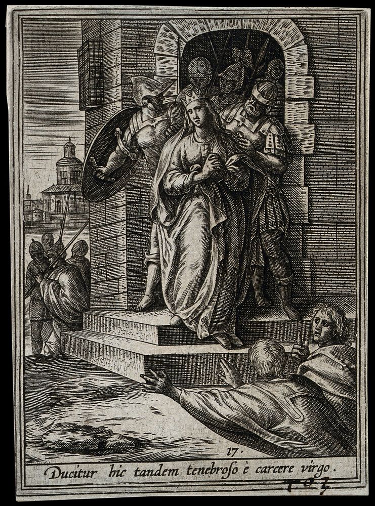 Martyrdom of Saint Catherine. Line engraving by A. Wierix III.
