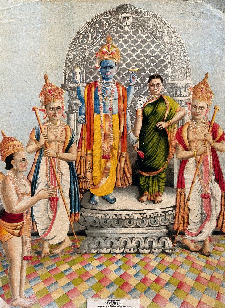 Vishnu and Lakshmi attended by Garuda and two attendants. Chromolithograph, 1883.