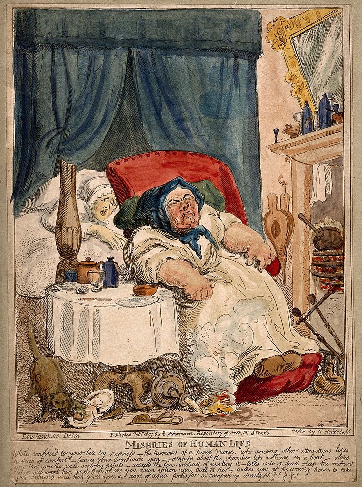 A convalescing woman trying in vain to rouse her slumbering hired nurse: the cat scavenges her food and the candle sets…