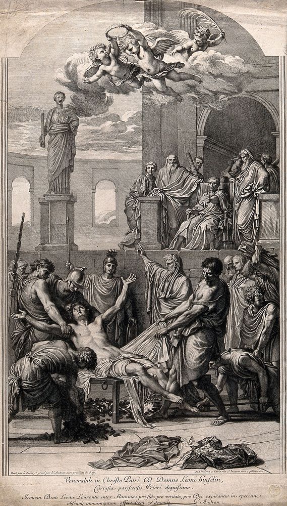 Saint Laurence of Rome: his martyrdom. Engraving by G. Audran after E. Le Sueur.