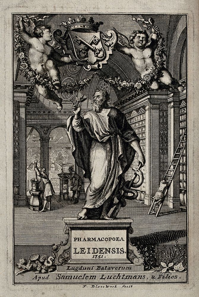 A statue of Aesculapius holding his staff and a plant stands in a large pharmacy below the coat of arms of Leiden; men…