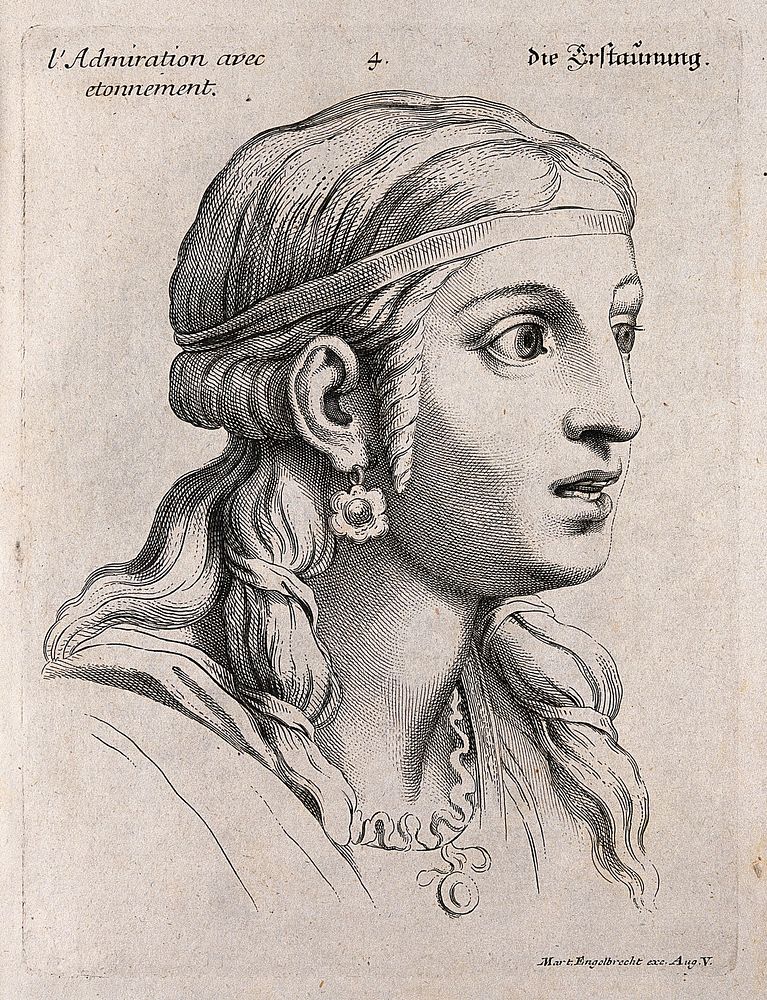 A female face expressing admiration tinged with astonishment. Engraving by M. Engelbrecht, 1732, after C. Le Brun.