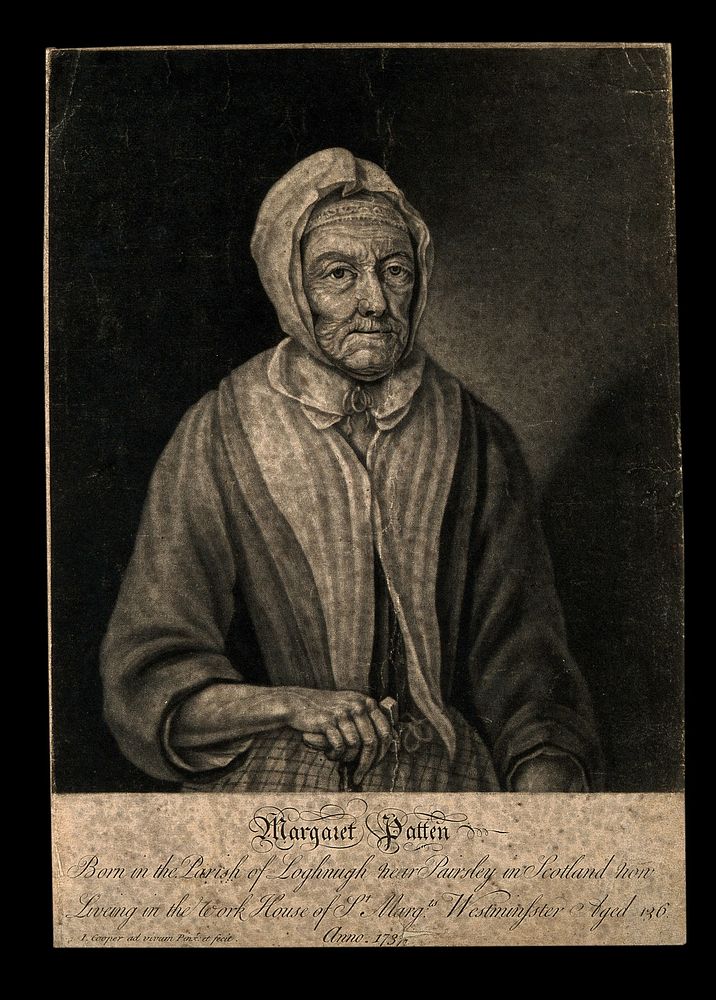 Margaret Patten, aged 136. Mezzotint by J. Cooper, 1737, after himself.