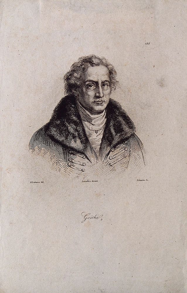 Johann Wolfgang von Goethe. Line engraving by L. J. D. Delaistre after H. Lalaisse after F. V. E. Delacroix [].