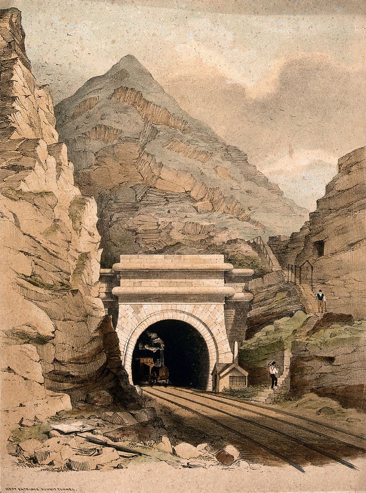 Summit Tunnel, Manchester and Leeds Railway: a locomotive emerging. Coloured lithograph by A.F. Tait after himself, 1845.