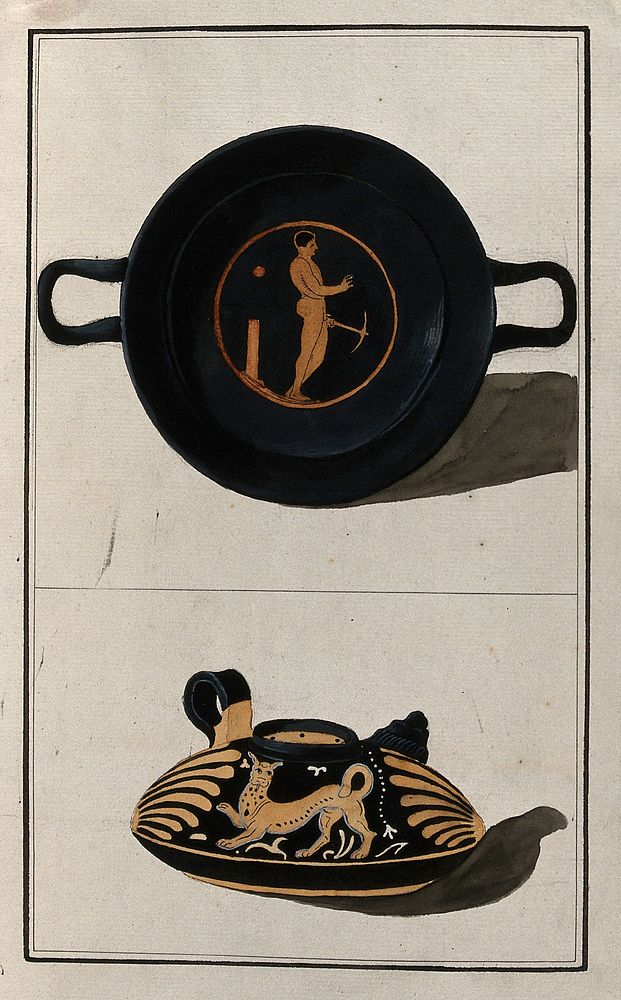 Above, red-figured Greek cup decorated with a naked man; below, red-figured Greek lamp decorated with a stylised leopard and…
