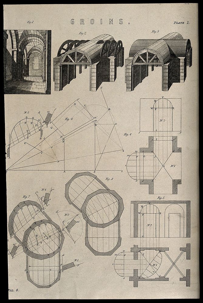 Architecture: three views of vaults, (top), and geometrical projections (below). Engraving, c.1861.