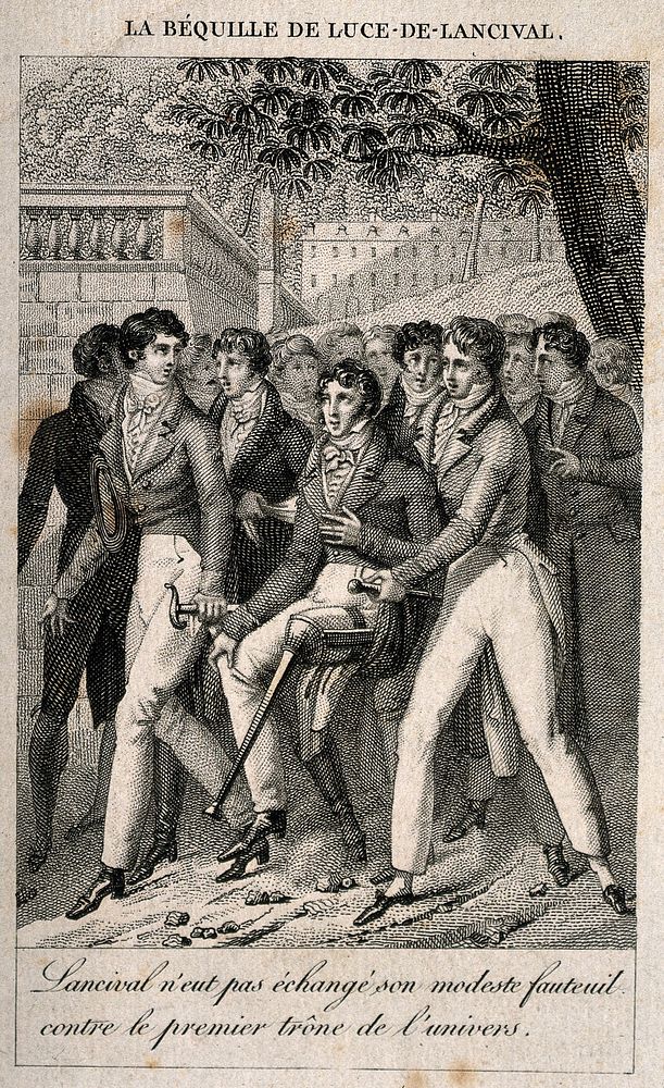J. Luce de Lancival, a professor and poet, with an artificial leg walking with a group of men. Etching.