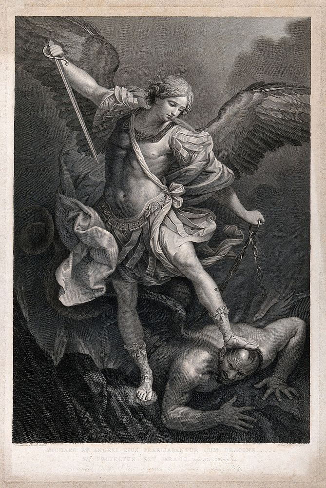 Saint Michael the Archangel. Engraving by G. Folo after B. Nocchi after G. Reni.