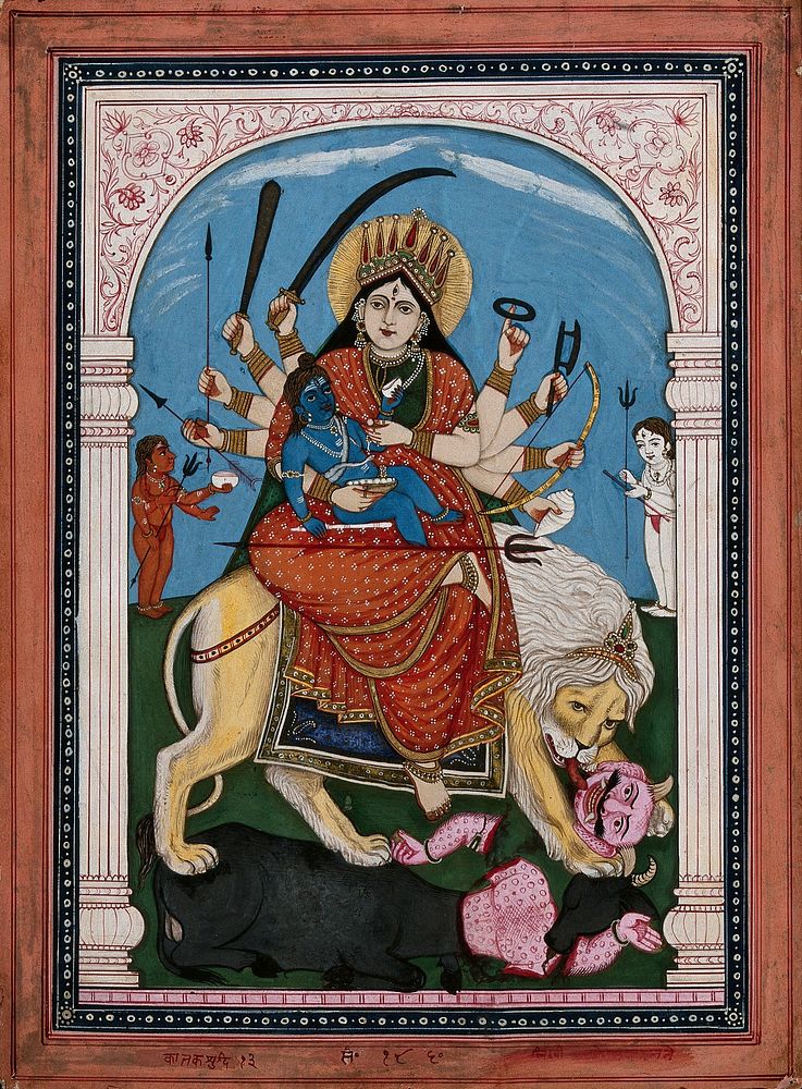 Durga mounted on a lion killing the buffalo demon Mahishasura. Gouache painting by an Indian artist.