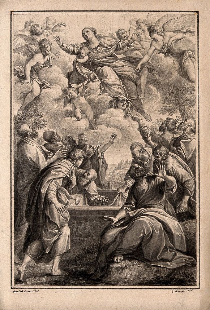 The assumption of Mary (the Blessed Virgin). Drawing by F. Rosaspina, c. 1830, after Annibale Carracci.