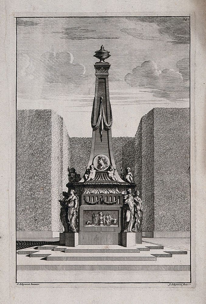 An ornate garden obelisk with a scene of figures round a large fire carved on the base. Etching by J. Schynvoet after S.…