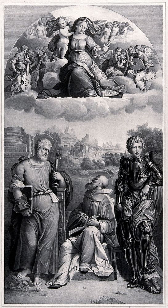 The Virgin and Child with Saint Peter, Saint Bruno and Saint George. Lithograph by F. Hanfstaengl after Benvenuto Tisi, il…