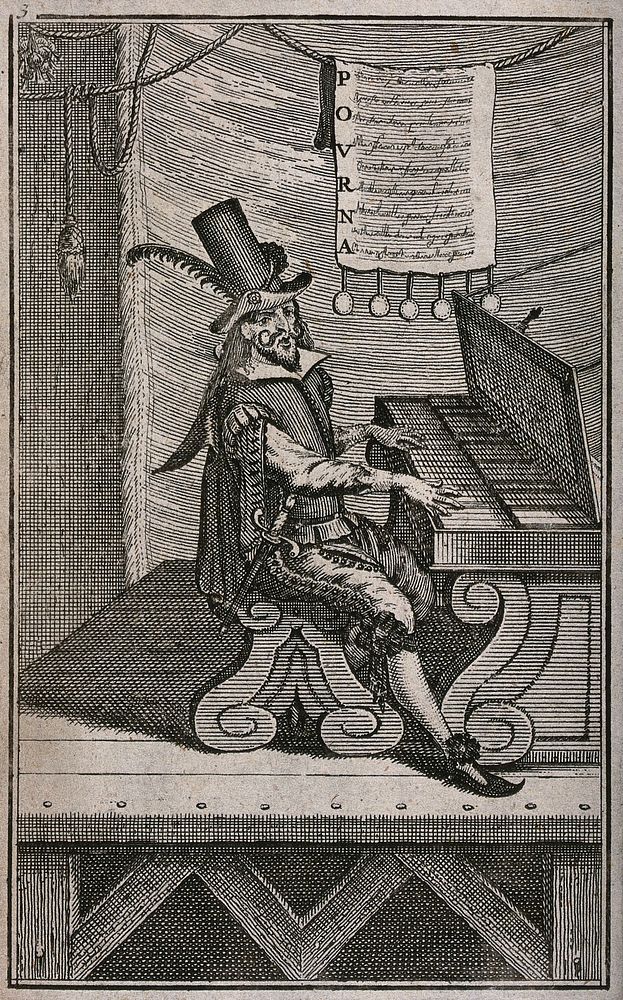A man is sitting on a stage playing a keyboard instrument; a sheet of music and words is hanging from a line above his head.…