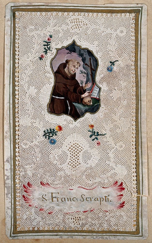 Saint Francis of Assisi praying in front of a crucifix. Gouache and cut-paper work.