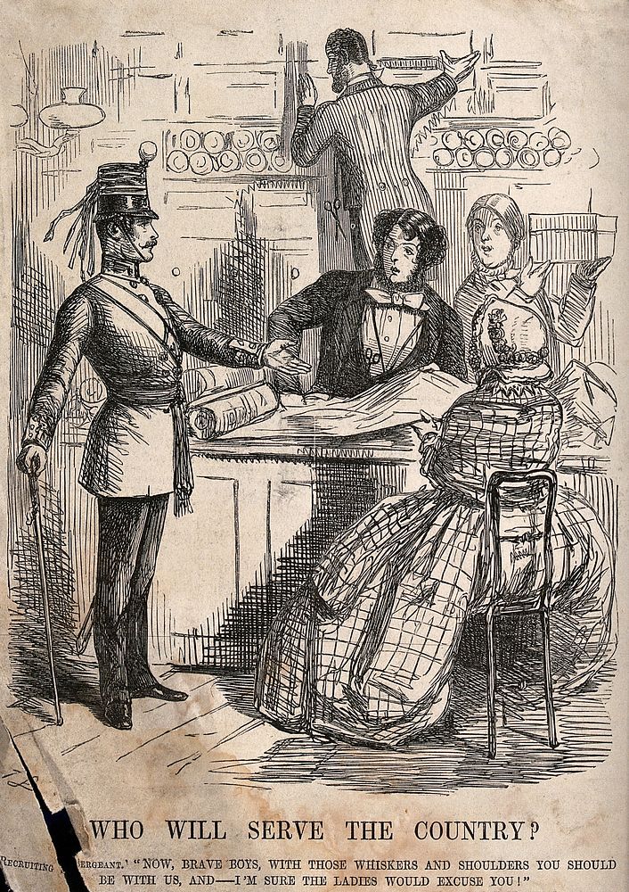 A soldier is talking to two young men who are serving behing the counter in a shop. Wood engraving.