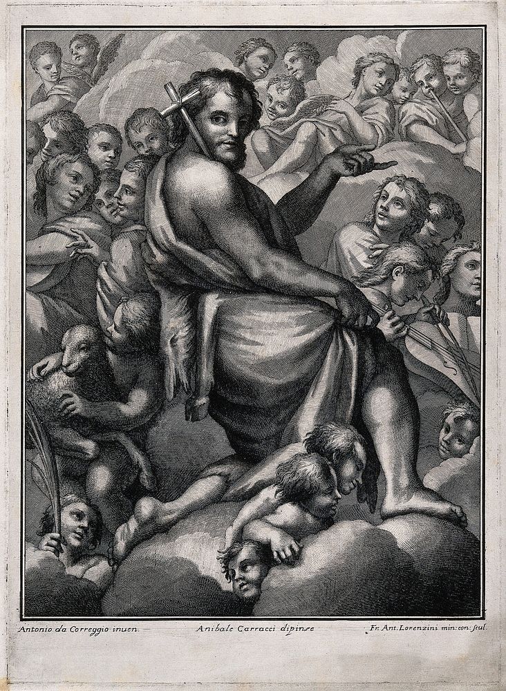 Saint John the Baptist. Etching by G.A. Lorenzini after Annibale Carracci after A. Allegri, il Correggio.