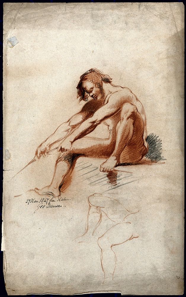 A seated male nude grasping a rope with a second sketch of legs. Chalk drawing by G. Danson.