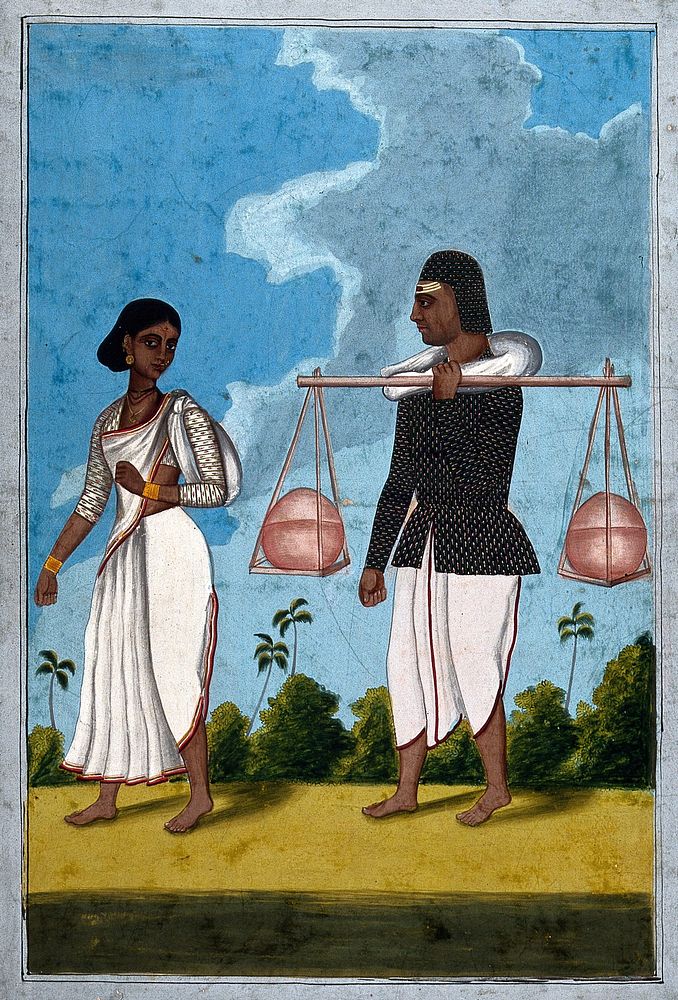Kavady-kerah and wife: holy water carrier. Gouache drawing.