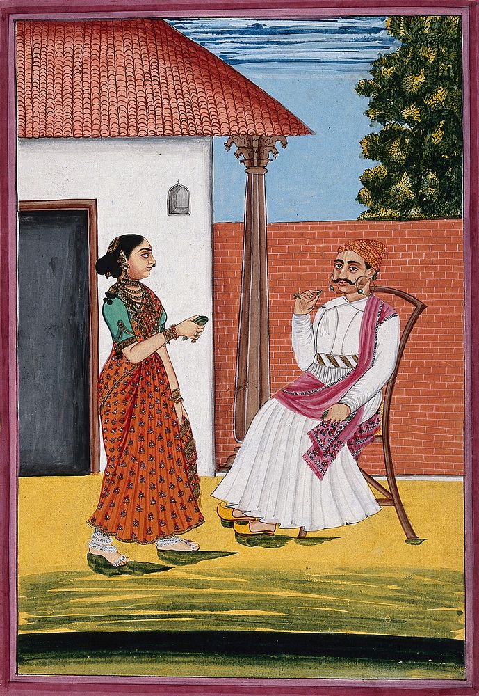 A banker seated in the courtyard of a house, with a woman standing on the left. Gouache, 18--.