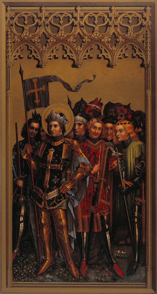 Saint Gereon with his warriors. Chromolithograph by C. Schultz, 1874, after S. Lochner.