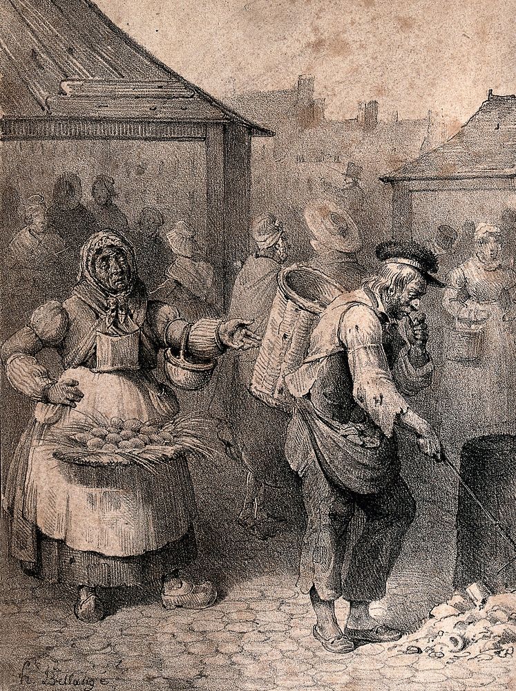 A woman carrying a basket of eggs speaks to an old man who is smoking a pipe and picking up rubbish with a stick. Lithograph…