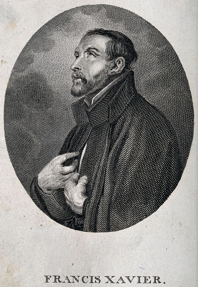 Saint Francis Xavier, head and shoulders; in an oval medallion, looking upwards. Engraving, 1800/1850.