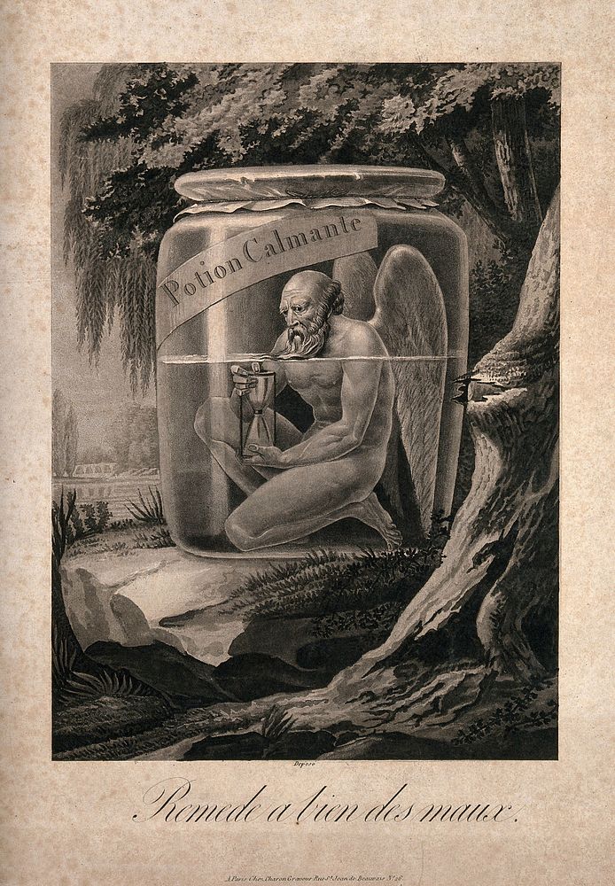 An angel in a large pot holding an hour-glass surrounded by beautiful countryside - advertising a calming potion. Aquatint.