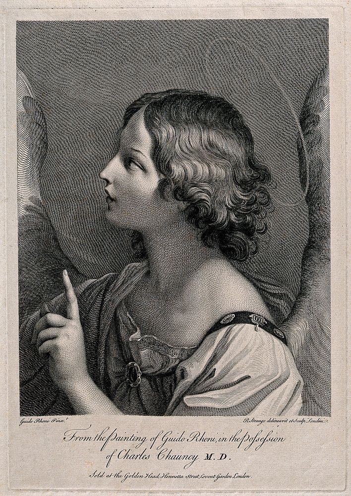 The angel Gabriel at the Annunciation to the Virgin. Engraving by R. Strange after Guido Reni.