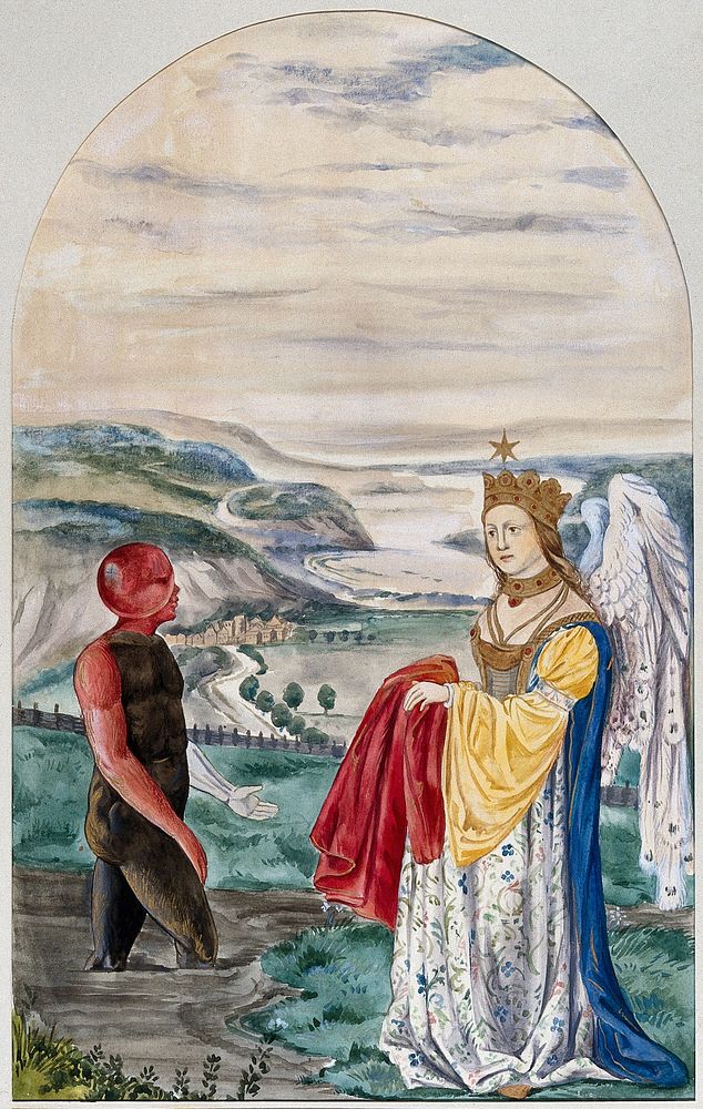 A black man with a red head and right arm emerges from a foul stream into a landscape where a winged woman is waiting for…
