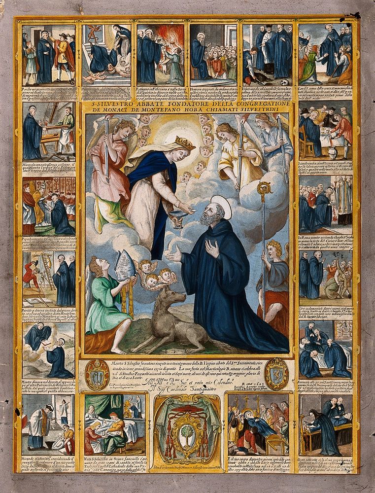 Saint Silvester Gozzolini: he receives communion from the Virgin (centre); his miracles (border around). Coloured engraving…