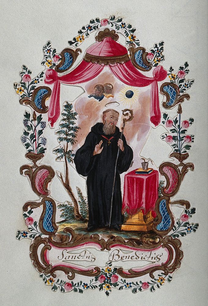 Saint Benedict. Gouache painting.