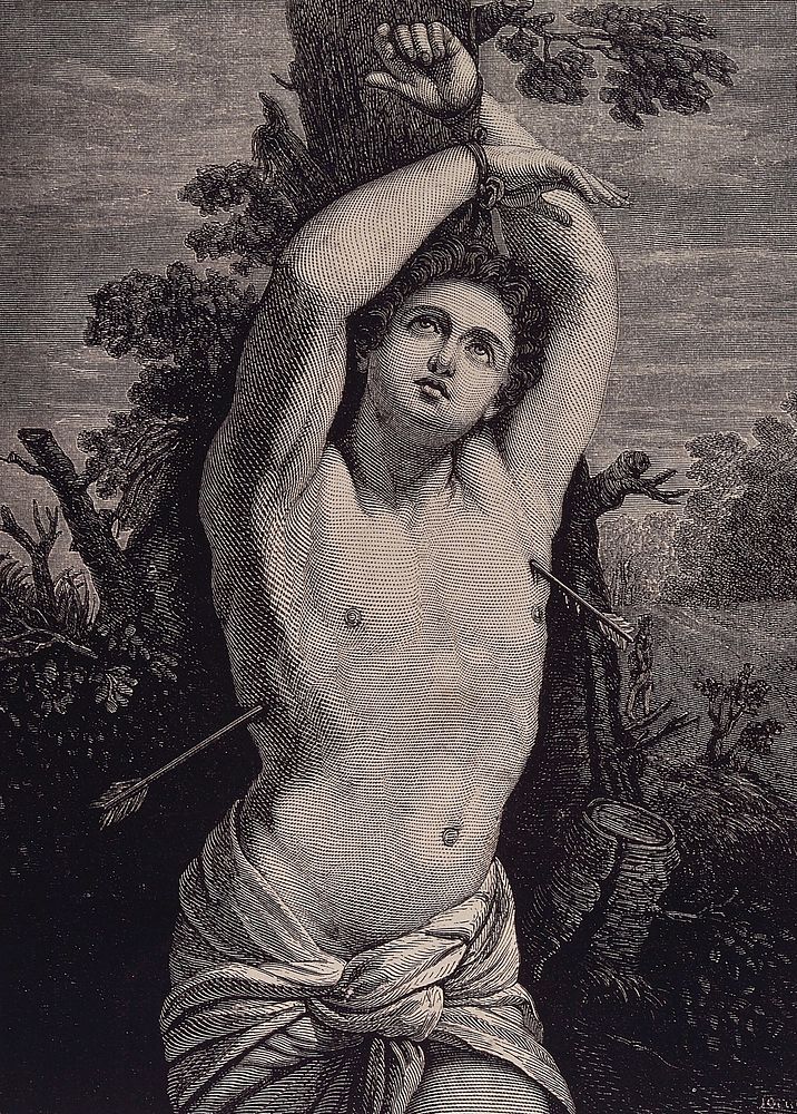 Martyrdom of Saint Sebastian. Wood engraving after G. Reni .