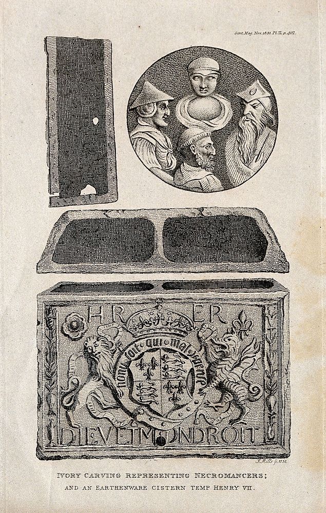 An earthenware cistern and an ivory carving representing necromancers, above. Etching by J. Mills, 1830.