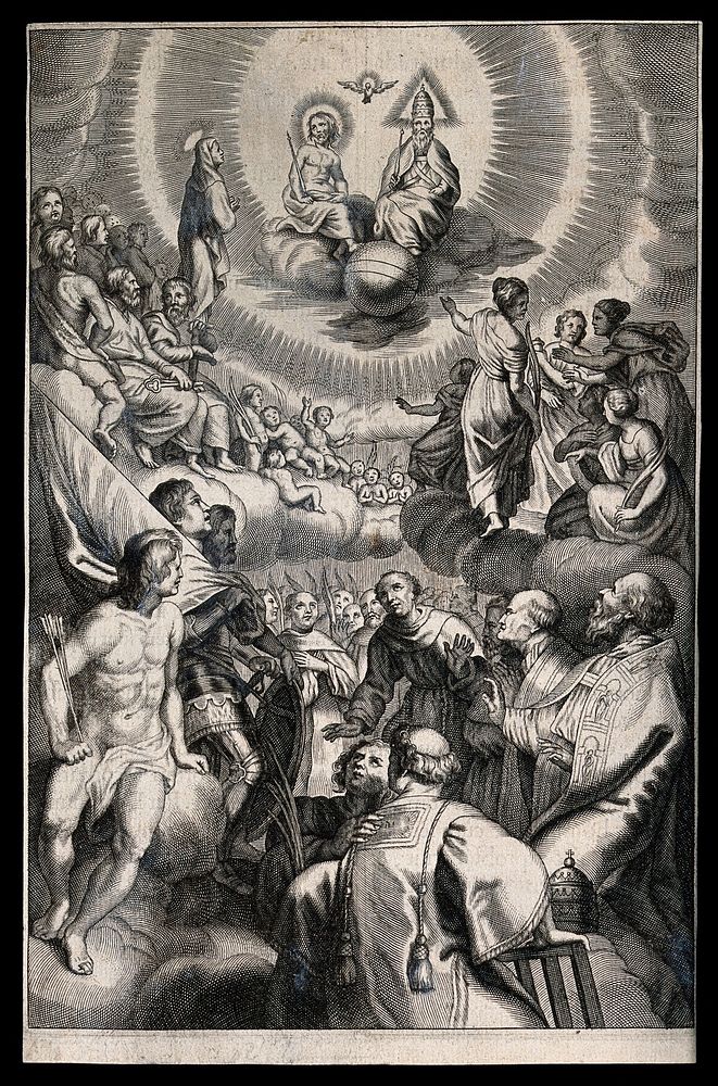 The Holy Trinity with saints. Engraving, 16--.
