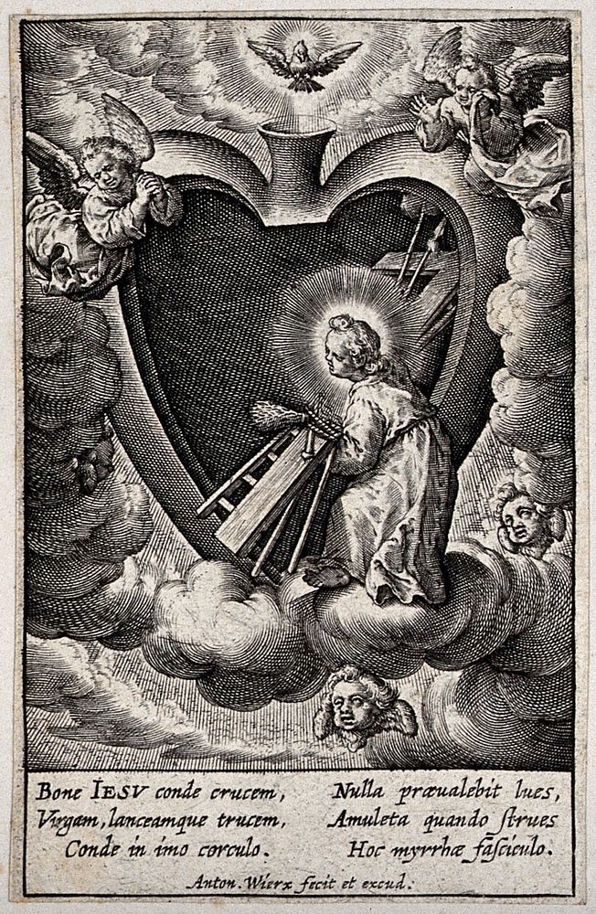 The Christ Child deposits the Instruments of the Passion inside the believer's heart. Engraving by A. Wierix, ca. 1600.