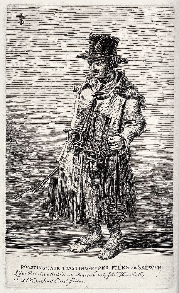 An itinerant salesman in ragged clothes selling toasting forks, files, skewers and other implements. Etching by J.T. Smith…
