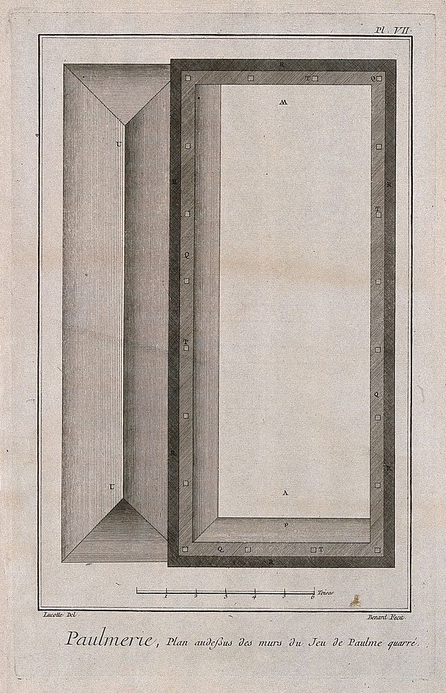 A plan of a court for playing real tennis. Engraving by Benard after Lucotte.