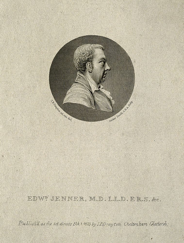 Edward Jenner. Line engraving by A. Smith, 1823, after J. B. Drayton, 1805.