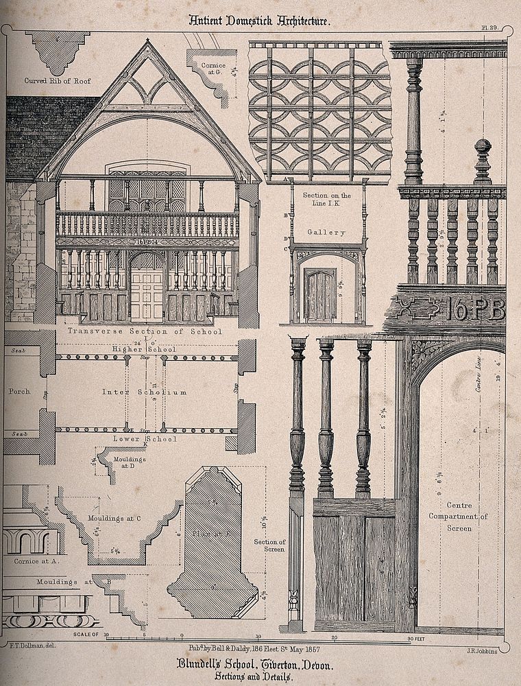 Blundell's School, Tiverton, Devon: architectural sections and details with key. Transfer lithograph by J.R. Jobbins, 1857…