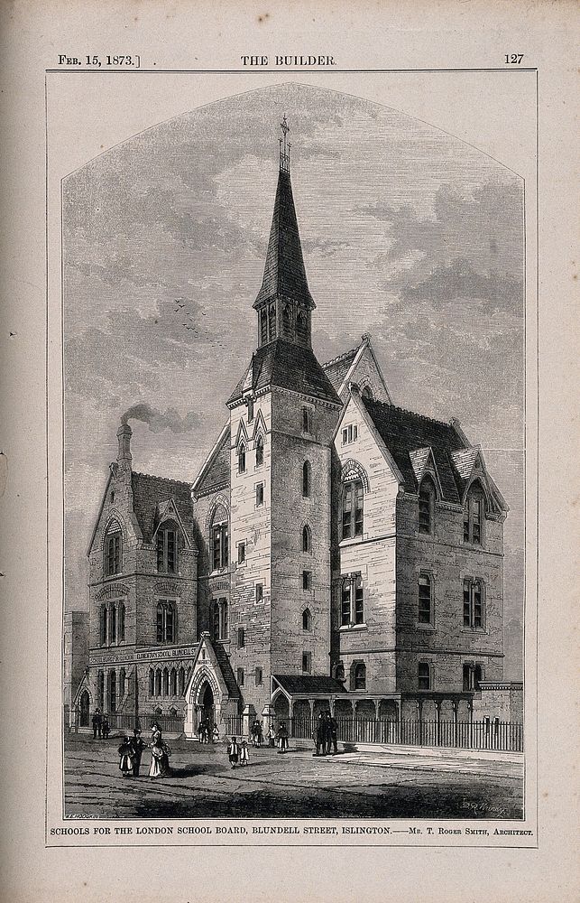 The Board School, Blundell Street, Islington. Wood engraving by W. E. Hodgkin after D. R. Warry, 1873.