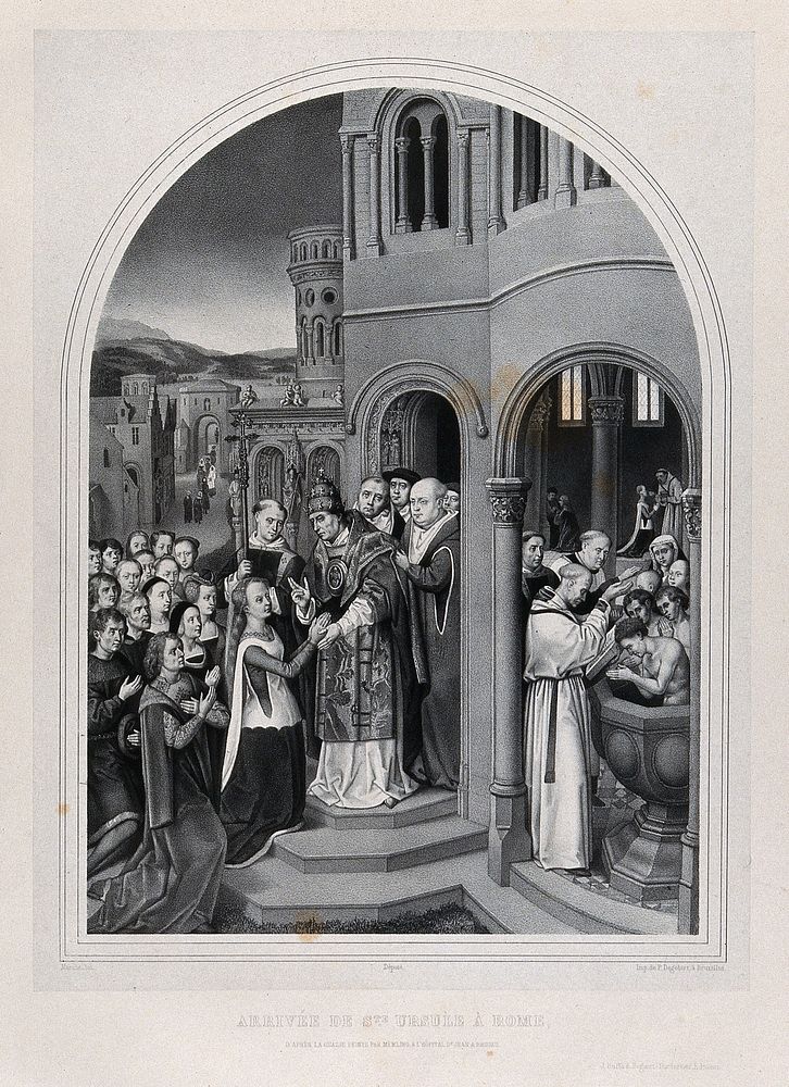 Saint Ursula arriving in Rome. Lithograph by E. Manche after H. Memlinc.