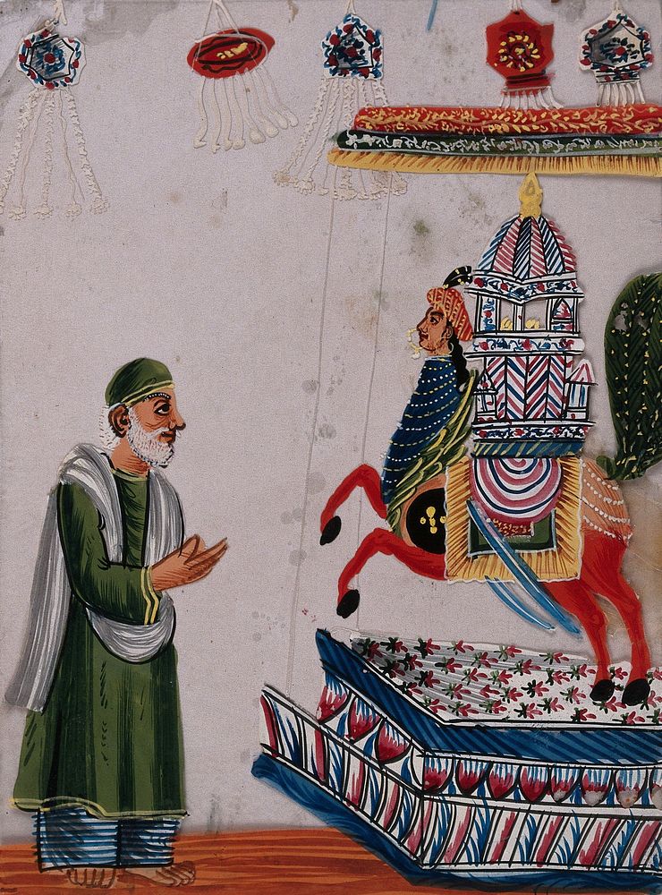 Festival of Muḥarram: a man praying to a replica of a martyr's tomb. Gouache painting on mica by an Indian artist.