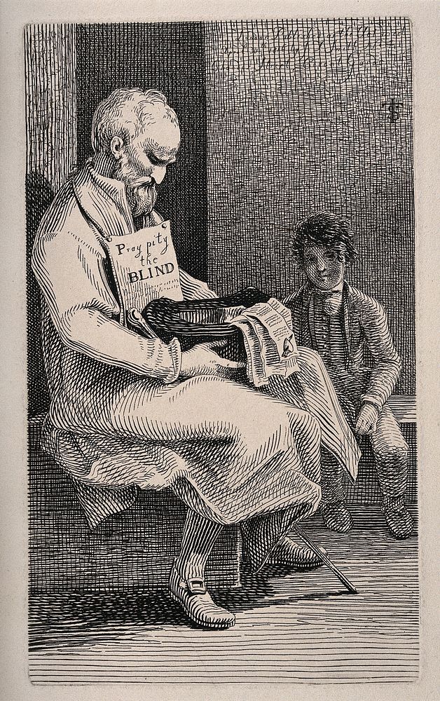 A sitting blind beggar sells 'love sonnets' to obtain money with a boy. Etching by J.T. Smith, 1816.