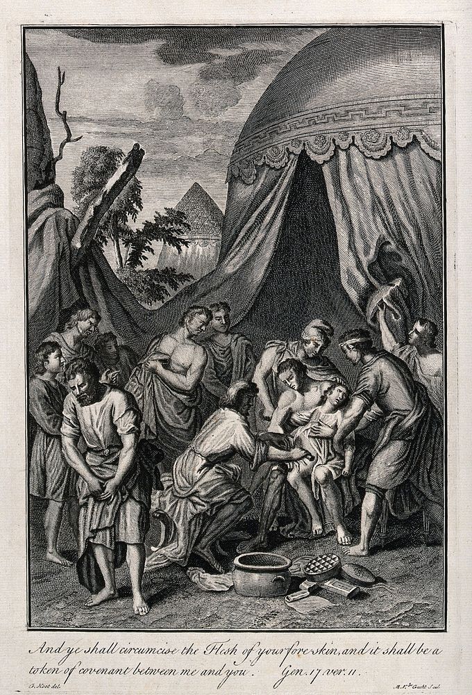 Abraham and his men begin to circumcise themselves. Etching by M. van der Gucht after G. Hoet.