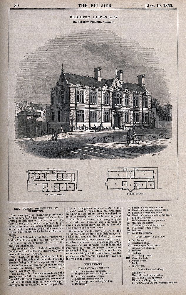 Brighton Dispensary: perspective and two floor plans. Wood engraving by C.D. Laing, 1850, after H. Williams.