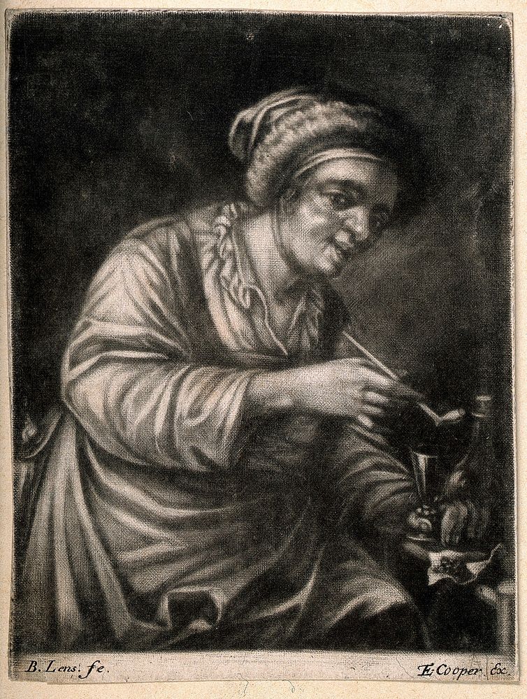 A woman holding a tobacco pipe and a drinking glass. Mezzotint by B. Lens.